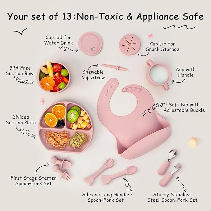 Baby Feeding Set, 13PCS Silicone Baby Self Feeding Set, Toddler Led Weaning Utensils Set with Suction Bowl and Plate, 3 Set of Baby Spoon and Fork, Adjustable Bid, Sippy Cup with Straw and 2 Lids-CubbioJoy