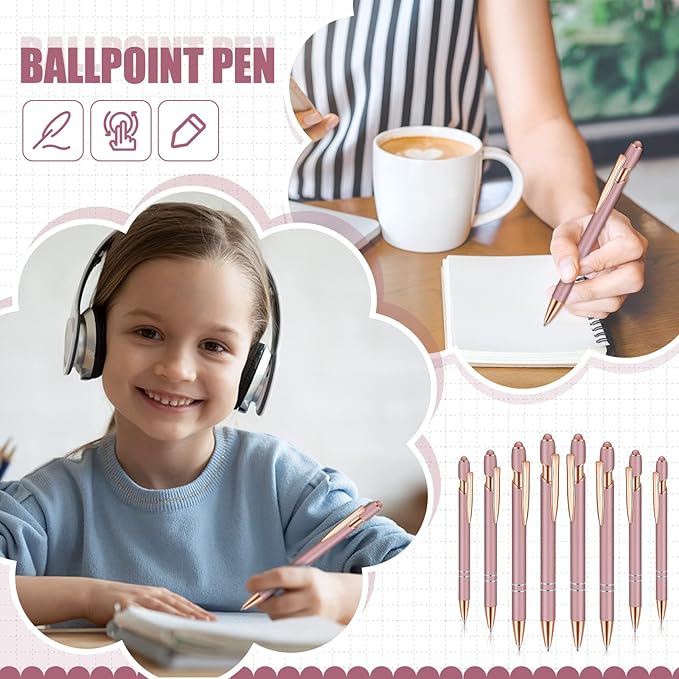 8 Pieces Ballpoint Pen with Stylus Tip Black Ink 2 in 1 Stylus Metal 1.0 mm Medium Point Smooth Pen Rainbow Colorful Rubberized Ballpoint for Touch Screen Tablet(Rose Gold)-CubbioJoy