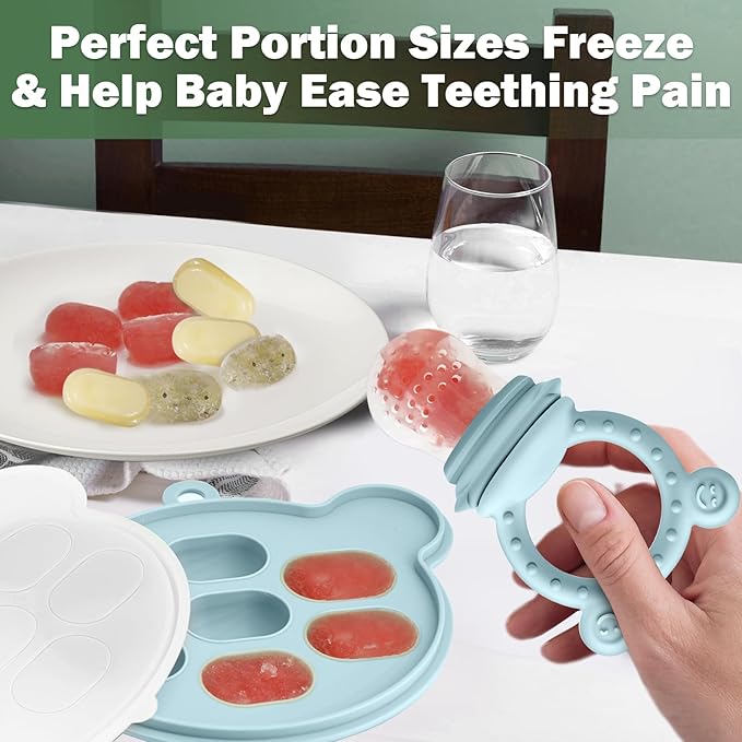 JEXFUN Silicone Baby Fruit Food Feeder Pacifier & Breastmilk Popsicle Freezer Molds for Cooling Relief, BPA Free Silicone Feeder to Safely Introduce New Foods, Double as Teething Toys, 4 Month+-CubbioJoy