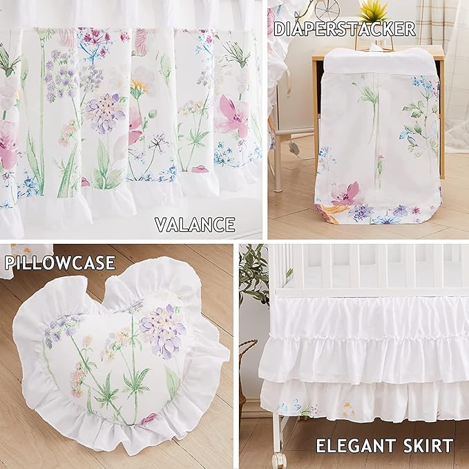 Brandream Wildflower Butterfly Crib Bedding Sets for Girls Farmhouse Baby Nursery Bedding Blanket Set Romantic Purple White, 6 Pieces-CubbioJoy