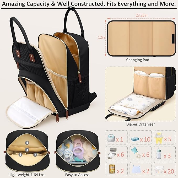 Diaper Bag Backpack for Women with Changing Pad, Baby Bag with Insulated Pockets Multifunctional Diaper Bags For Baby Girl Boy Waterproof Baby Bags For Boys Girls Maternity Bag Black-CubbioJoy