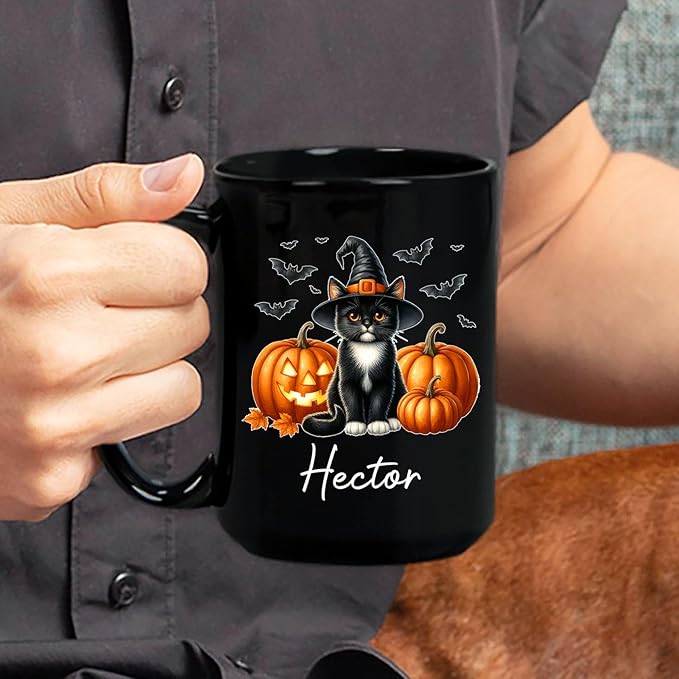 Custom Tuxedo Halloween Coffee Mugs with Name, Personalized Tuxedo with Pumpkins Ceramic Cups, Cat Wearing Witch Hat Black Mug, Cat Halloween Cup 11oz 15oz, Gift for Men Women Pet Lover-CubbioJoy