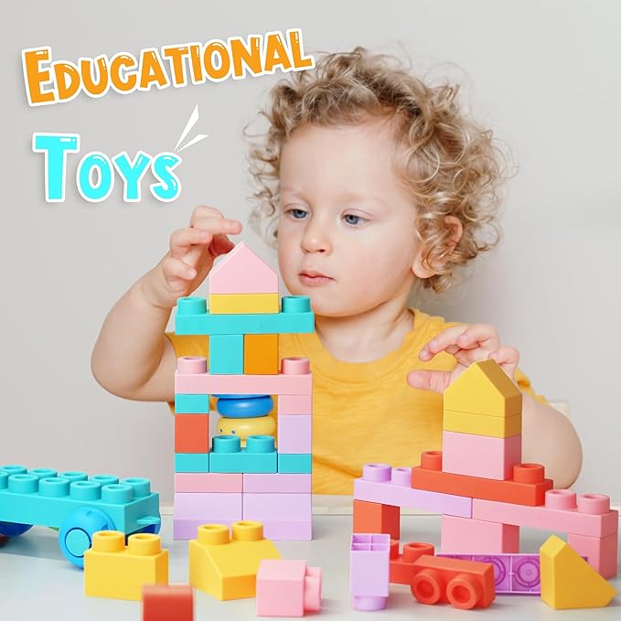 45 Pcs Soft Building Blocks for Toddlers 18M+, BPA - Free Sensory Toys, Montessori STEM DIY Construction Bricks, Safe Teething & Early Learning Toys, Creative Building Set for Baby Kids-CubbioJoy