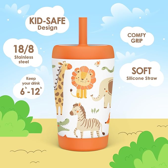 Kid Insulated Stainless Steel Tumbler with Silicone Straw, 12oz Sippy Cup for Kids (Jungle Animals)-CubbioJoy