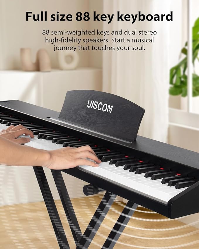 88 Key Digital Piano Keyboard for Beginners - Full Size Semi Weighted Wooden Electric Piano Set with Stand, Triple Pedal, Headphone,Carry Bag - Supports USB-MIDI Connecting (Wood Grain Black)-CubbioJoy