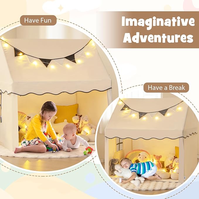 INFANS Kids Play Tent with Washable Mat Star Light Windows, Anti-Trip Large Playhouse Toys for Children Boys Girls, Indoor Outdoor Princess Tents Castle for Toddlers (Black- Wide Door)-CubbioJoy