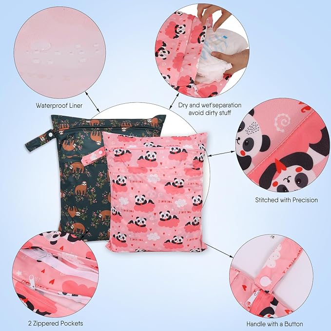 2pcs Travel Waterproof Laundry Bag, Cloth Diaper Wet Dry Bags with Handle & 2 Zipper Pockets, Reusable Washable Dirty Clothes Bag for Baby Adult Travelling Hanging, Bathing Beach Pool Daycare-CubbioJoy