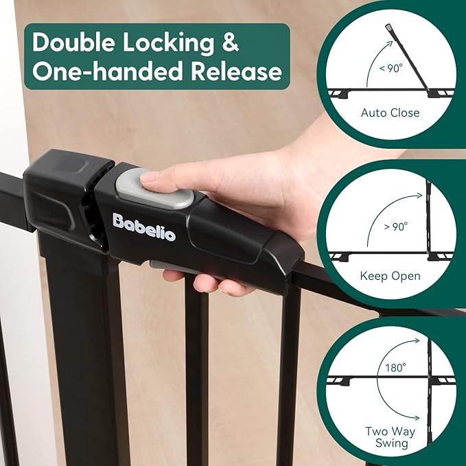 Babelio Metal Baby Gate, 29-48" Auto Close Easy Install Pet Gate, Extra Wide Walk Thru Child Safety Gate, Pressure Mounted Dog Gate for Doorways and Stairs, with Y Spindle Rods, Black-CubbioJoy