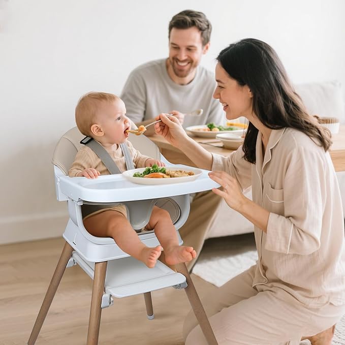 9 in 1 Convertible Baby High Chair with Booster, Wooden Highchair for Babies and Toddlers with Adjustable Tray & 5-Point Harness, Multi-Functional Growing Seat for Feeding, Learning & Play, Beige-CubbioJoy