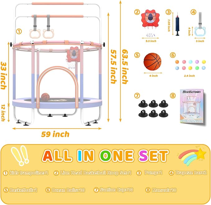 60'' Toddler Trampoline with Safety Enclosure Net, Trampoline for Kids Certified by ASTM USA 2-8 Year Old for Indoor, Lawn Garden-CubbioJoy