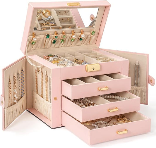 AKOZLIN Large 4-Tier Jewelry Box Leather Jewelry Storage Organizer with 3 Drawers Lockable for Women Girls Ring Necklace Earring Bracelet Watches Holder with Mirror Pink-CubbioJoy