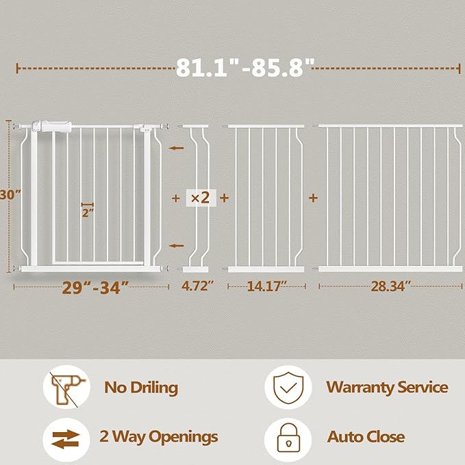 Baby Gate for Doorways Stairs Hallway 81.1-85.8 Inch Wide, Walk Through Child Gates with Pressure Mounted Extention Kit, Indoor Safety Child Gates for Kids or Pets-CubbioJoy