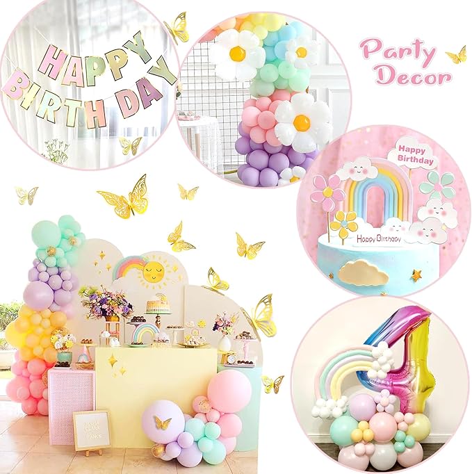 4th Birthday Decorations Girl Pastel, Slmeno 219Pcs Pastel Rainbow Balloon Arch Garland Kit, with Number 4 Balloons,Banner,Cake Toppers,12 3D Butterfly for 4 Year Old Girl Birthday Easter Party Decor-CubbioJoy