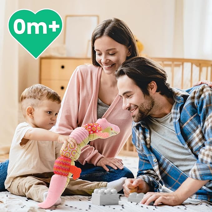 Sumobaby Crocodile Baby Toys Musical Crocodile, Stuffed Animal Activity Soft Toys with Teether, Multi-Sensory Crinkle, Rattle and Textures, for Tummy Time, 0 - 12 Months, Boys, Girls, Alligator (Pink)-CubbioJoy