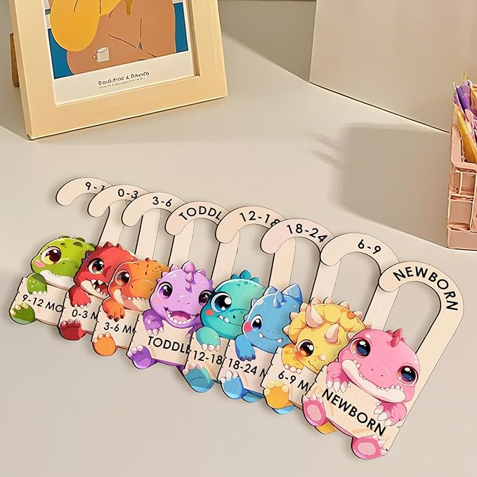 Baby Clothes Dividers for Closet - Wooden Baby Size Closet Dividers Newborn to 24 Months, Unique Dinosaur Design Babies Clothes Organizer for Nursery Decor Gender-Neutral Newborn Hangers (Set of 8)-CubbioJoy