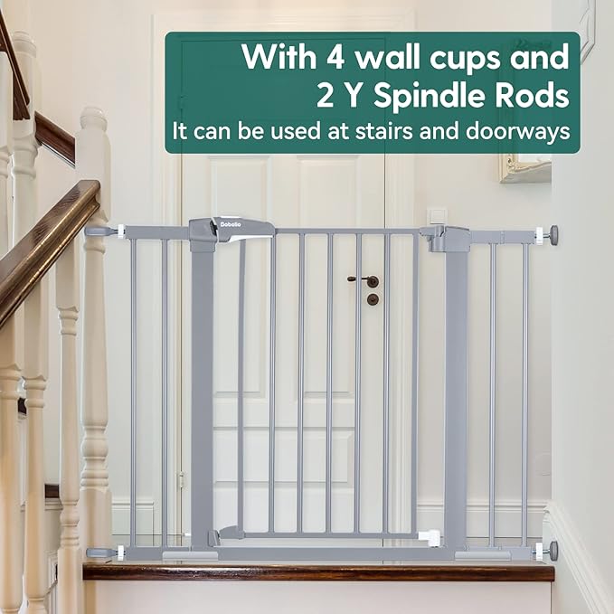 Babelio Metal Baby/Pet Gate, 29-48'' Auto Close Easy Install, Extra Wide Walk Thru for Child Safety, Pressure Mounted Dog Door for Doorways & Stairs, with Y Spindle Rods, Grey-CubbioJoy