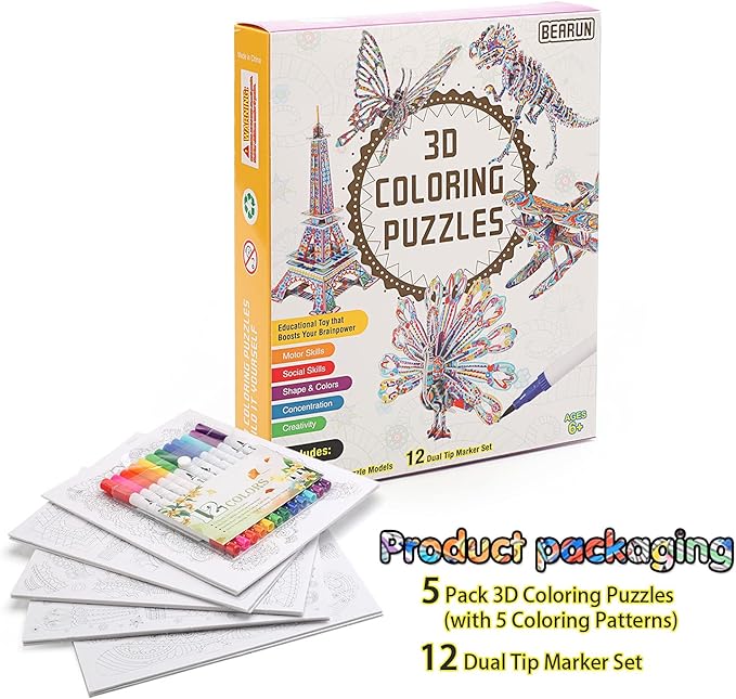 3D Coloring Puzzle Set, Arts and Crafts for Girls and Boys Age 6 7 8 9 10 11 12 Year Old, Fun Educational Painting Crafts Kit with Supplies for Kids, Birthday Toy Gift for Kids-CubbioJoy