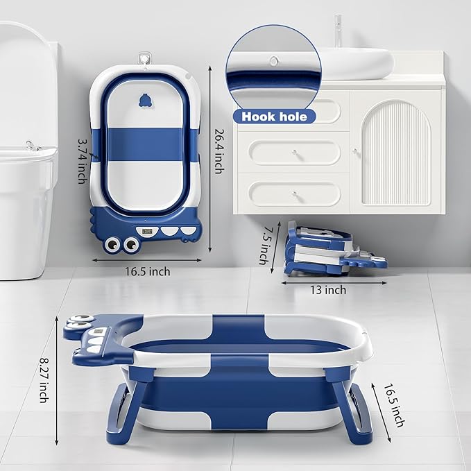 Collapsible Baby Bathtub for Newborn, Foldable Baby Bath Tub with Thermometer & Soft Floating Cushion & Drain Hole, Portable Travel Infant Bath Tubs for Newborns to Toddlers 0-36 Months Boy,NavyBlue-CubbioJoy