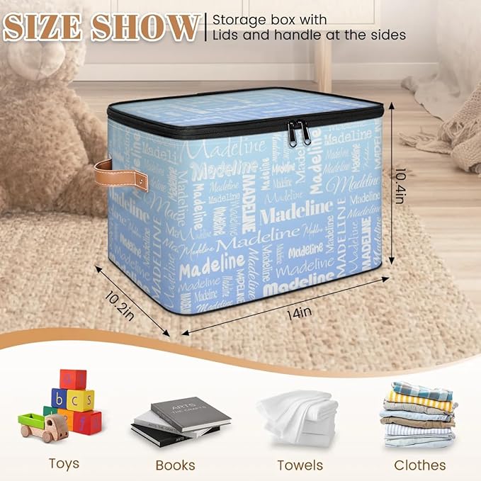 Custom Storage Basket with Name, Personalized Storage Bins with Zipper Lid, Foldable Fabric Storage Box Large capacity with Handle White Blue-CubbioJoy