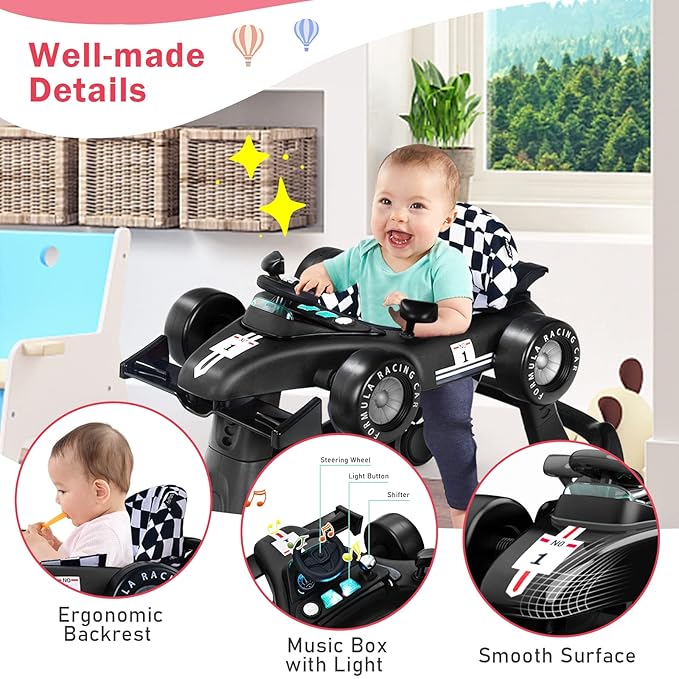 BABY JOY 4-in-1 Baby Walker, Foldable Activity Walker with Adjustable Height & Speed, Music, Lights, Anti-Rollover, Toddler Push Walker, Baby Walker with Wheels for Boys Girls 6-18 Months (Black)-CubbioJoy