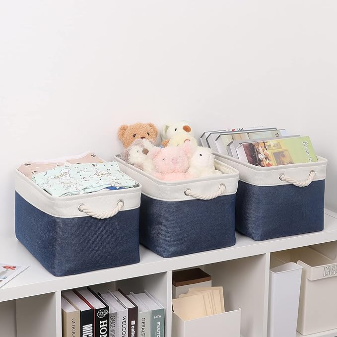 Bidtakay Storage Baskets Collapsible [3-Pack] Decorative Storage Bins with Cotton Rope Handles 15 X 11 X 9.5 Inch Organizing Baskets for Shelves Clothes Closet Navy Blue Baskets for Gifts Empty-CubbioJoy