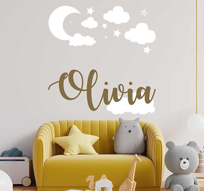 Custom Name with Moon Clouds and Stars - Nursery Baby Name Wall Art - Wall Decal for Nursery Bedroom playroom Decoration (Wide 20x20inch Height)-CubbioJoy