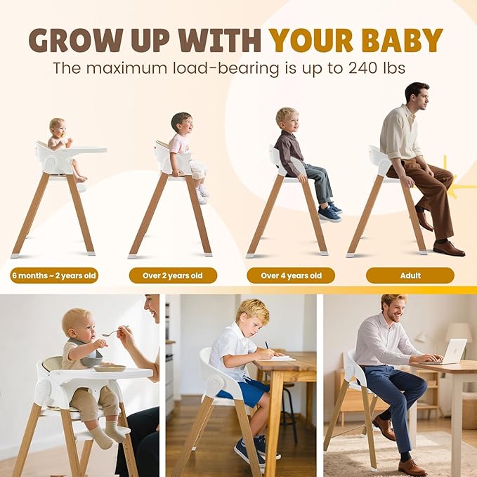 Convertible High Chairs for Babies & Toddlers. 5-in-1 Adjustable High Chair with Removable Tray, Easy to Clean, Portable (White Khaki)-CubbioJoy