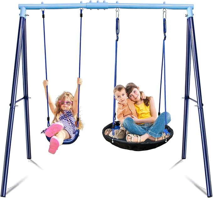 2 Seat Swing Set for Backyard - Metal A-Frame Holds 440 lbs, 1 Adjustable Saucer Swing and 1 u-Shape Swing - Suitable for Kids 3-8 Years-CubbioJoy