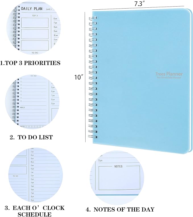 TREES Hourly Daily Planner Undated with To-Do List, Meals, Notes,Appointment Planner Book 10" x 7.3", Flexible PVC Cover,Twin-Wire Binding-CubbioJoy