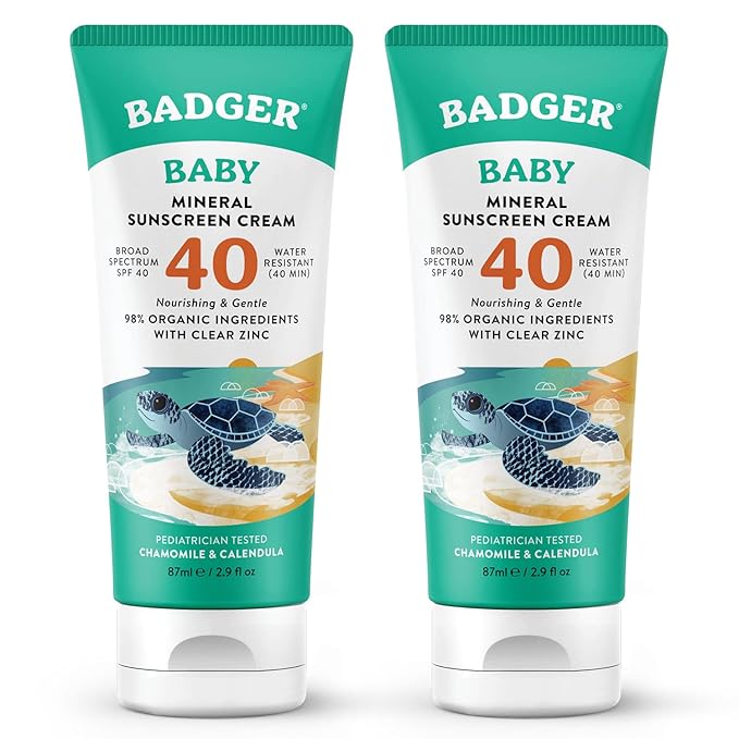 Badger Mineral Baby Sunscreen Cream SPF 40, 98% Organic Toddler Sunscreen with Zinc Oxide, Broad Spectrum, Reef Safe, Water Resistant, Pediatrician Tested Baby Sunblock, 2.9 fl oz, 2-Pack-CubbioJoy