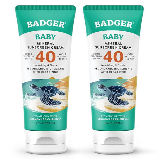 Badger Mineral Baby Sunscreen Cream SPF 40, 98% Organic Toddler Sunscreen with Zinc Oxide, Broad Spectrum, Reef Safe, Water Resistant, Pediatrician Tested Baby Sunblock, 2.9 fl oz, 2-Pack-CubbioJoy