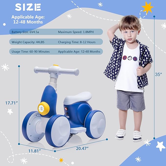 6V Electric Baby Balance Bike with Bubble Machine,4 in 1 Toddler Balance Bike w/Remote Control for 1 Year Old Boys Girls Kids Bubble Bike Ride on Toys w/Powered Motor,Music,LED Lights (Blue)-CubbioJoy