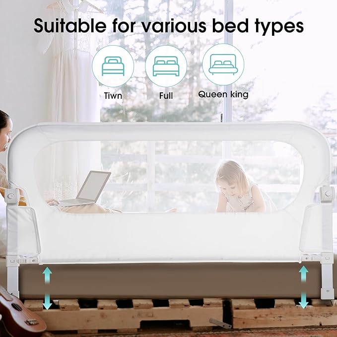 Baby Bed Rail Guard for Toddlers -59" Toddler Bed Rails for Twin, Full, Queen, King Bunk Size Bed Swing Down Bedrail Extral Tall Child Safety Side Railing Guards for Kids White-CubbioJoy