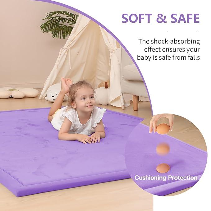 Baby Play Mat for Floor,1.3" Thick Elasti-Foam 50x50 Playpen Mat for Toddlers Infant Kids,Water-Repellent Soft Coral Velvet for Tummy Time,Non-Slip Backing for Crawling,Tatami Style(Lavender)-CubbioJoy