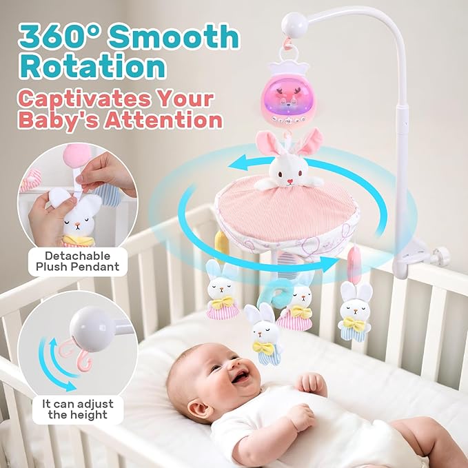 Baby Crib Mobile for Girls with Music, Lights & Projection, Adjustable Volume, 360° Rotating Plush Crib Toys with Detachable Musical Box, Hanging Mobile for Crib, Nursery Decor-CubbioJoy