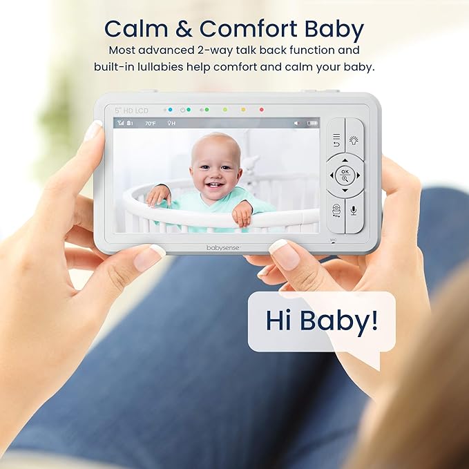Babysense 5" HD Split-Screen Baby Monitor, Video Baby Monitor with 2 Cameras and Audio, Night Light, 1000ft Range, Two-Way Audio, 4X Zoom, Night Vision, 4000mAh Battery-CubbioJoy