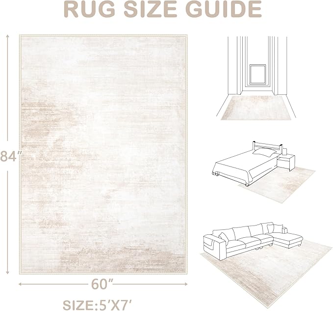 Area Rugs 5x7 Living Room: Washable Rug Modern Abstract Large Rug Soft Non Slip Neutral Rug Stain Resistant Indoor Carpet for Bedroom Kitchen Dining Room Table Nursery Home Office Rugs(Beige,5'x7')-CubbioJoy