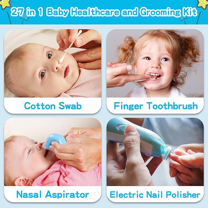 Baby Grooming Kit，Electric Safety Nail Trimmer Baby Nursery Kit，Infant Safety Care Set with Hair Brush Comb Nail Clipper Nasal Aspirator,Baby Essentials Kit for Newborn Girls Boys (21 PC-Blue Kit)-CubbioJoy
