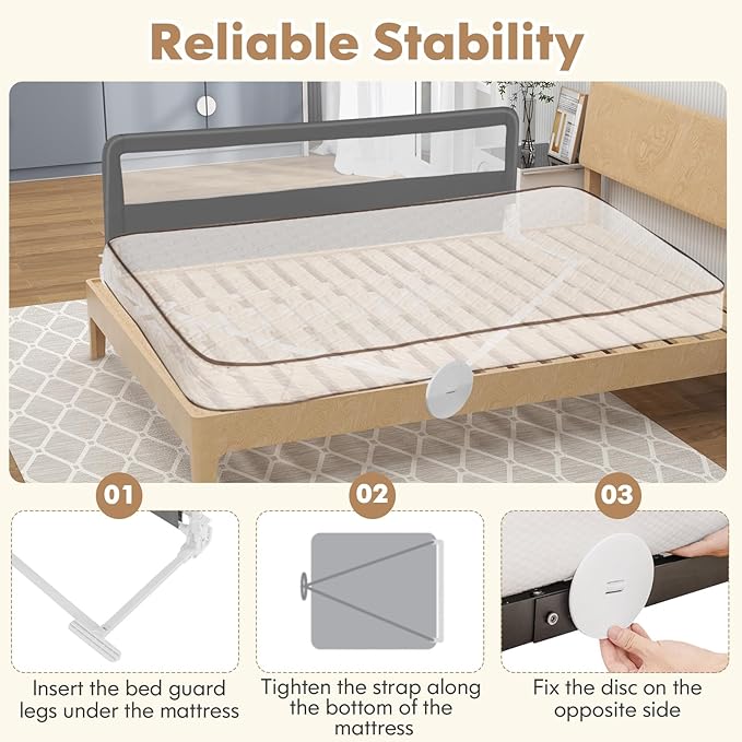 BABY JOY Bed Rails for Toddlers, 71'' Extra Long, Swing Down Bed Guard w/Safety Strap, Folding Baby Bedrail for Kids Twin, Double, Full Size Queen & King Mattress (71-Inch, Gray)-CubbioJoy