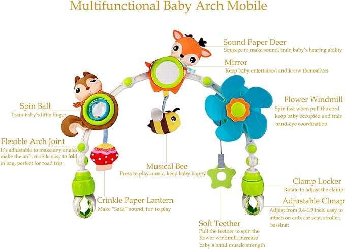 Baby Stroller Arch Mobile, Adjustable Musical Cirb Mobile Toys with Universal Clamps, Versatile Activity Toy Bar for Baby Bouncer Infant Car Seat Toy Stroller Toys Mobile for Bassinet Crib - Orange-CubbioJoy