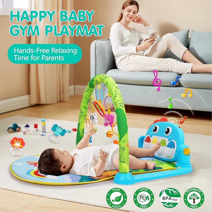 Baby Play Mat Baby Toys Tummy Time Mat Toys Musical Activity Center for Infant Toy with High-Contrast Piano Music & Light Newborn Babies Gifts for Boy Girl Babies Toy 0-6 6-12 Months Dinosaur Style-CubbioJoy