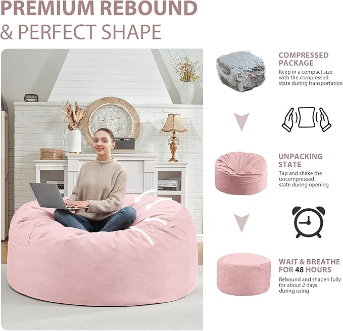 4FT Bean Bag Chair, Large Bean Bag Chairs with Memory Foam Filled, Fluffy Beanbag Sofa with Dutch Velvet Cover, Round BeanBag Chairs for Living Room, Playroom - Light Pink-CubbioJoy