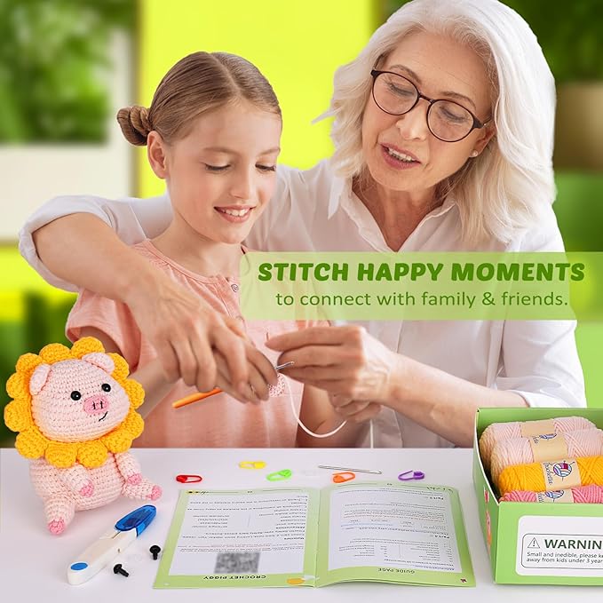 Crochet Kit for Beginners, Crochet Kit w Step-by-Step Video Tutorials, Crochet Starter Kit Learn to Crochet Kits for Adults Kids Beginners, Crochet Kit Pig (40%+ Yarn Content)-CubbioJoy
