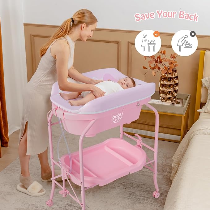 BABY JOY Baby Bathtub with Changing Table, Foldable Infant Diaper Changing Station with Storage Tray, Waterproof Pad, Portable Newborn Nursery Organizer Bath Stand with 4 Universal Wheels (Pink)-CubbioJoy