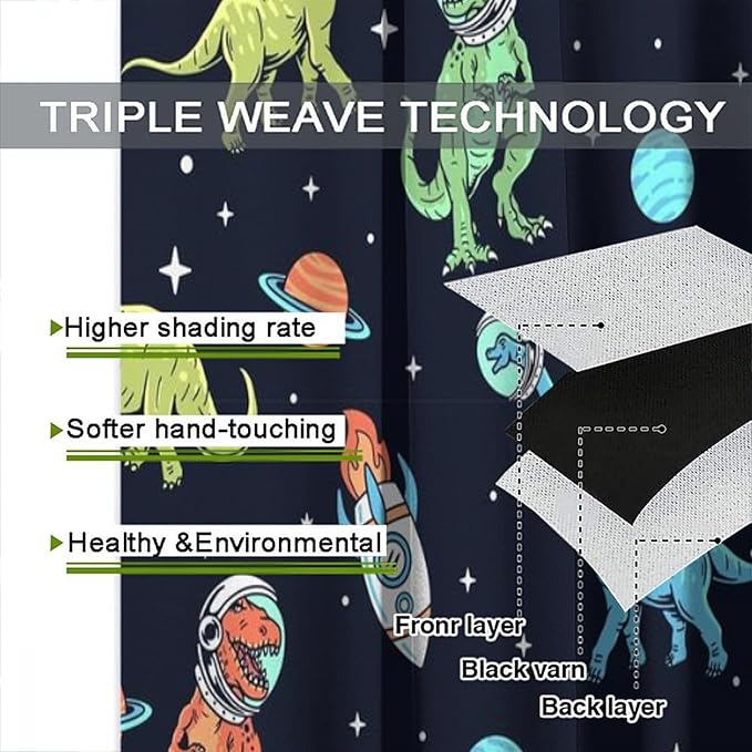 Cartoon Dinosaur Curtains for Kids Boys Girls Home Decor, Astronaut Rocket Funny Outer Space Blackout Rod Pocket Window Drapes for Bedroom Living Room W21xL63in 2 Panels-CubbioJoy