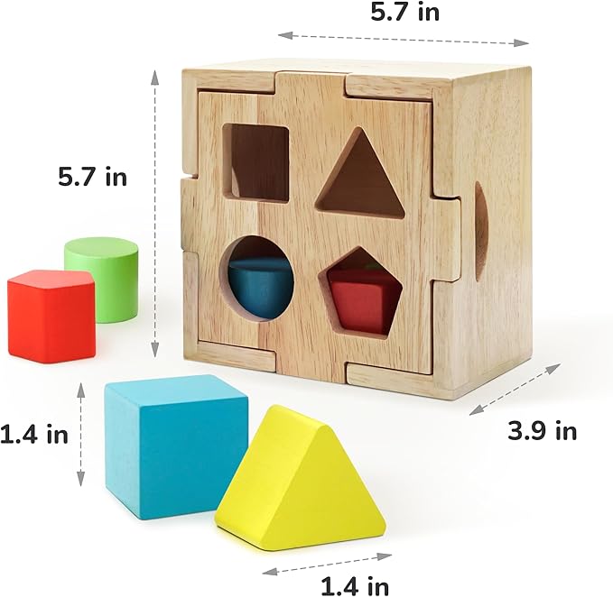 Bimi Boo Wooden Shape Sorter Toy for Babies - Premium Simple Sorting Box with Noise-Reducing Silicone Pad - Classic Montessori Toy for Toddlers (8 Various Blocks, 1 Box, 1 Silicone Pad)-CubbioJoy