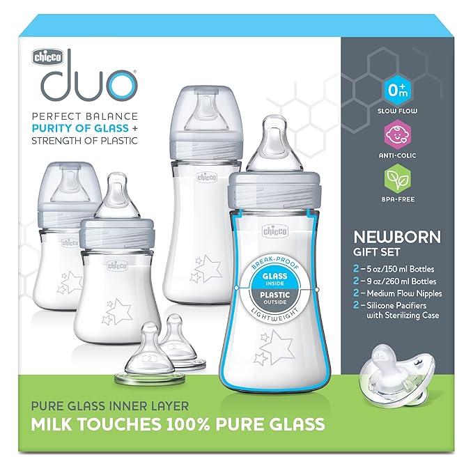 Chicco Duo Newborn Hybrid Baby Bottle Starter Gift Set with Invinci-Glass Inside and Plastic Outside | Dishwasher, Bottle Warmer, and Electric Sterilizer Safe | Intui-Latch Nipple | Clear/Grey-CubbioJoy