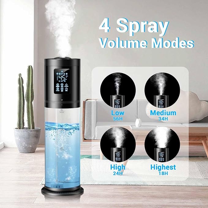 8L Humidifiers for Bedroom Large Room, 4 Levels Cool Mist Humidifier with Clear Tank, 7 Color Lights Essential Oil Diffuser with 16H Timer, Top Fill Humidifier for Home Plants Office-CubbioJoy