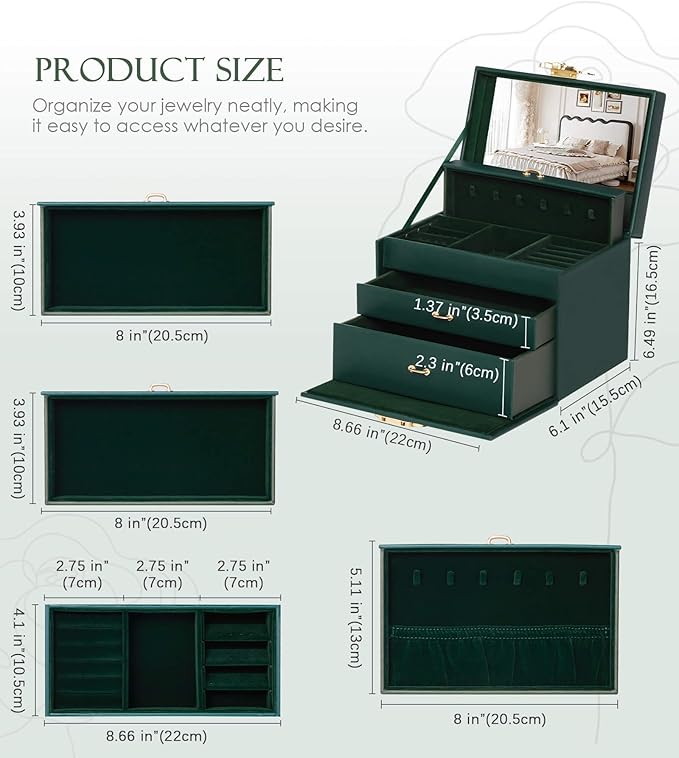 Jewelry Box with Lock for Girls: Jewelry Organizer for Dresser - 3-Drawer Earrings Storage Girls Women Gift (Dark Green)-CubbioJoy