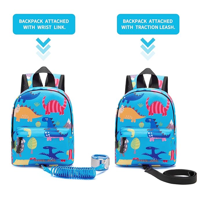 Accmor Toddler Backpack Leash with Anti Lost Wrist Link, Cute Mini Child Walking Harnesses Keep Kids Close Back Pack Rope Tether Rein for Baby Boys (Light Blue/Dino)-CubbioJoy